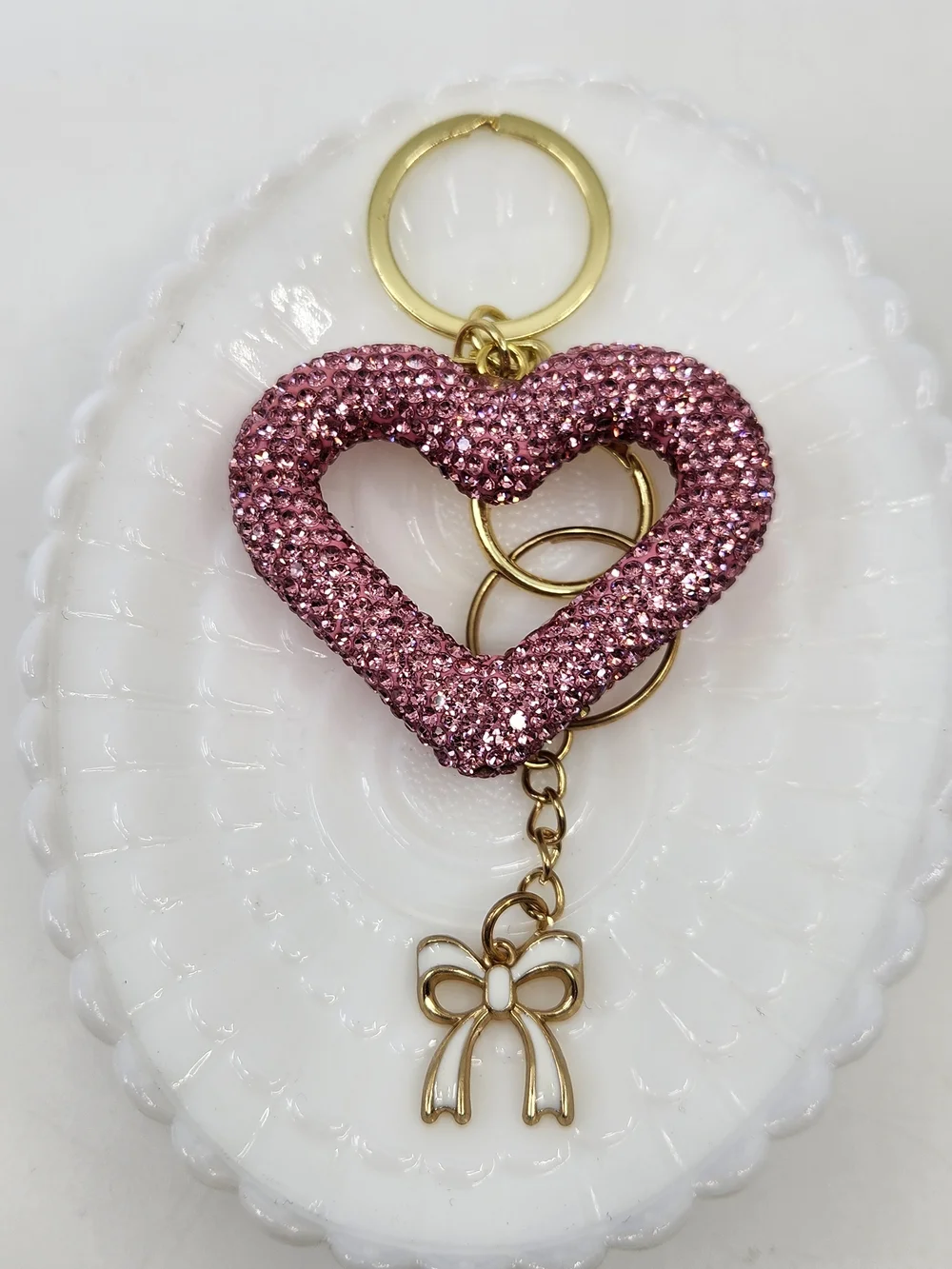 Pink Crystal Heart Keychain with Gold Bow Charm